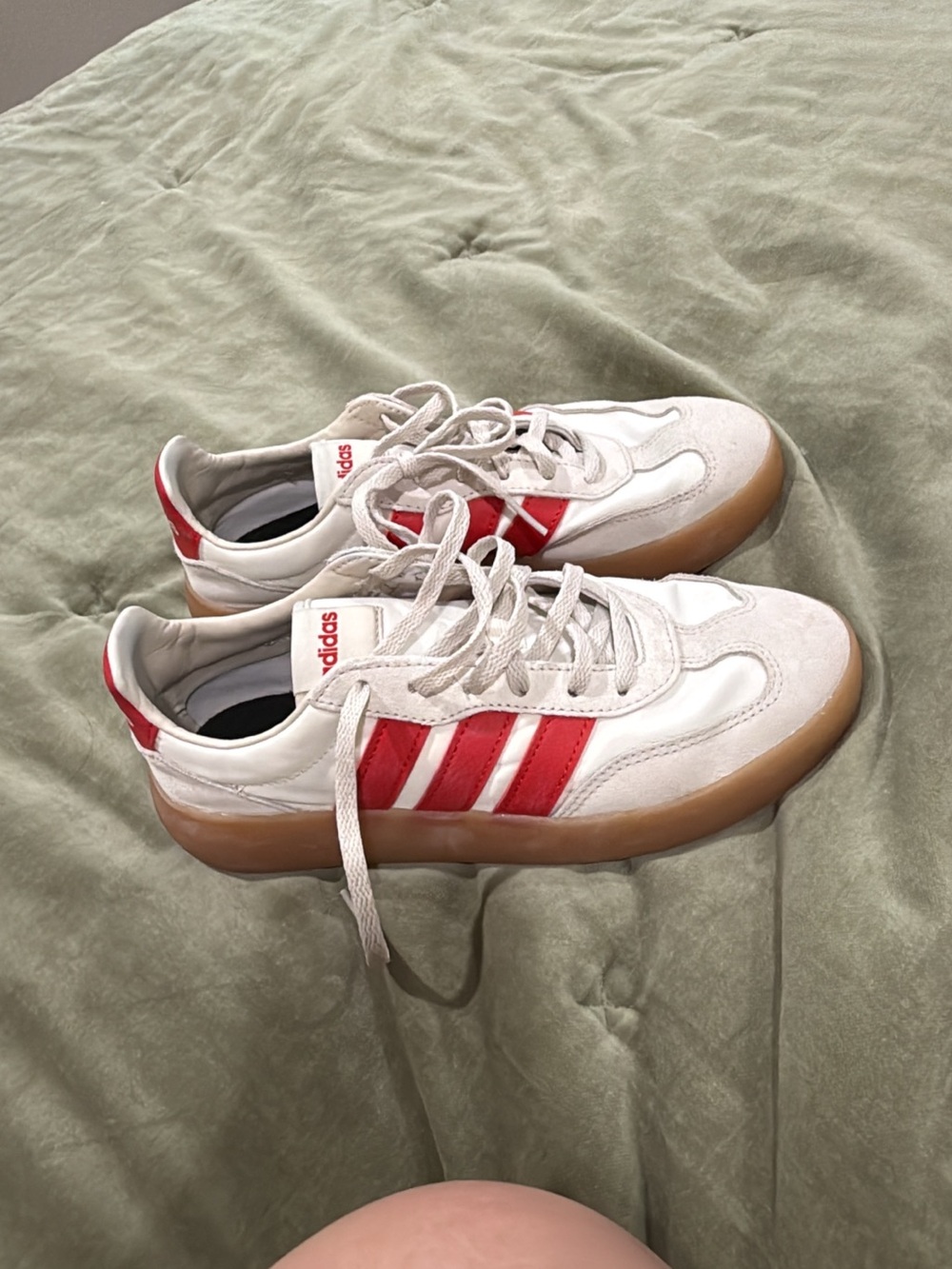 adidas White Sneakers with Red Stripes and Gum Sole